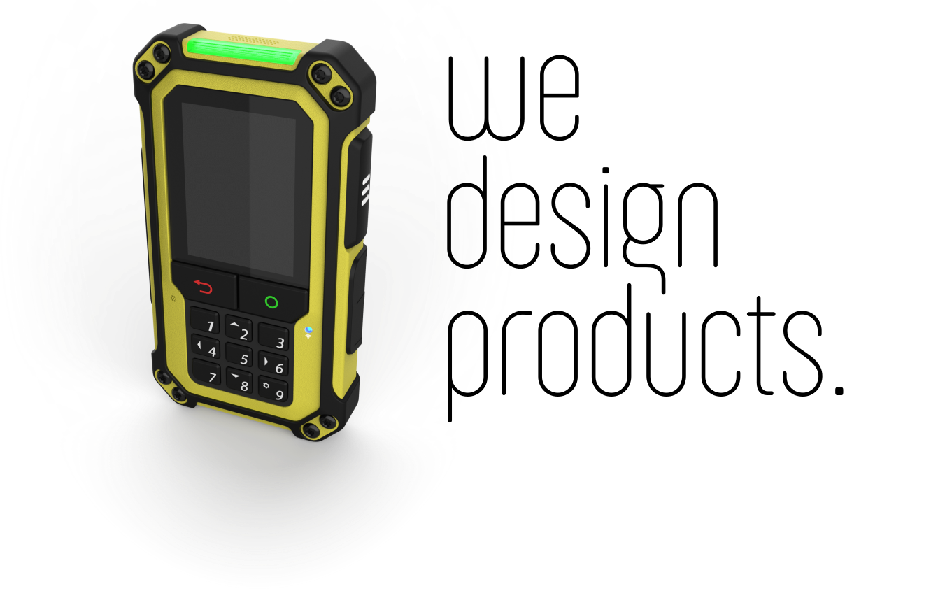 Image showing a black and yellow handheld communication device next to the words we design products.