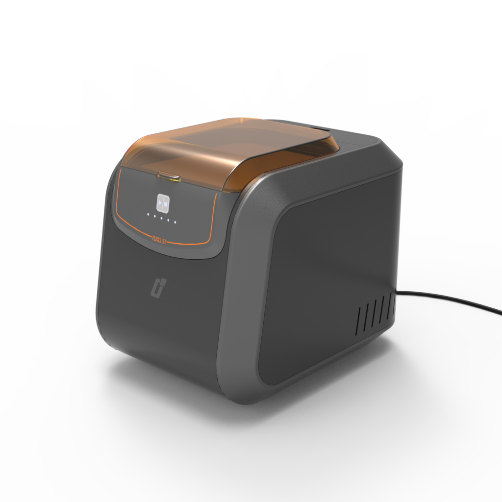 A grey and orange countertop ultrasonic cleaner.